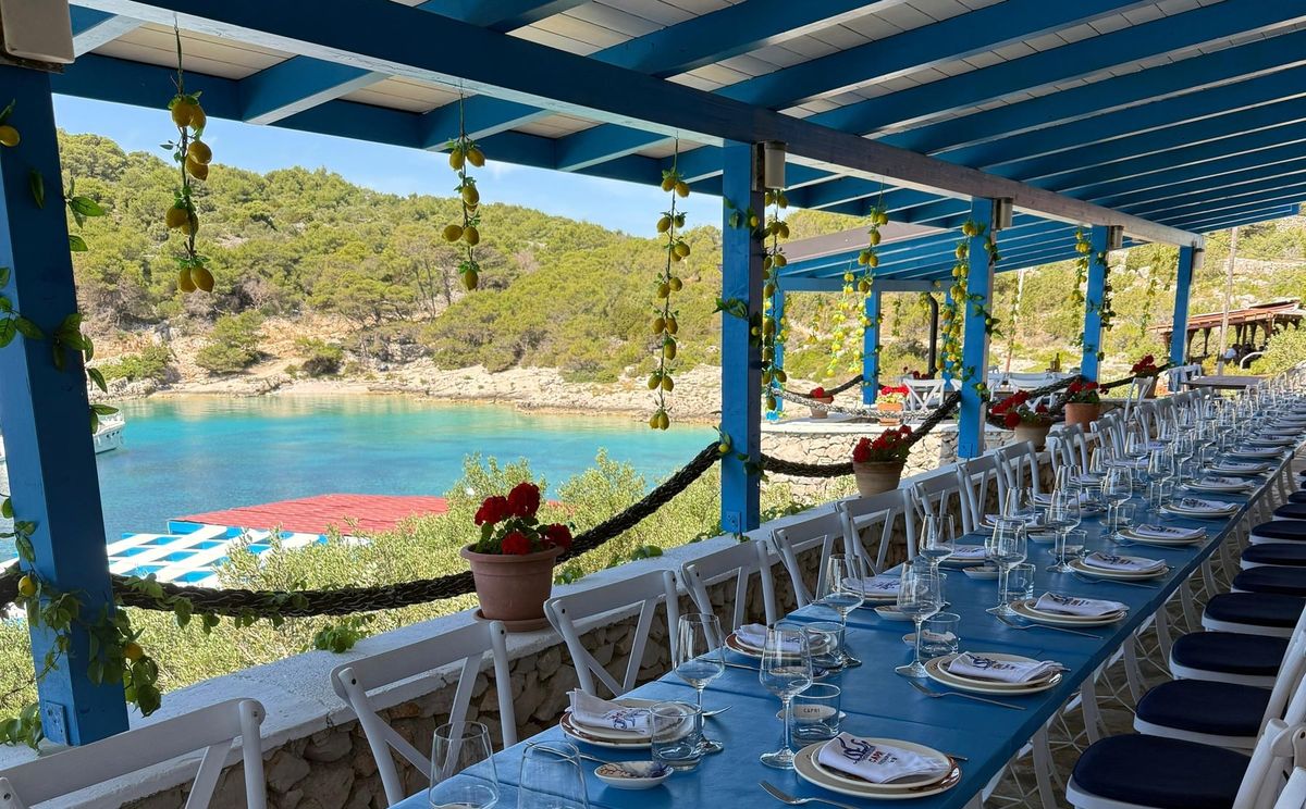 A long blue table set for a party under Capri's blue pergola, hung with lemons and overlooking the turquoise bay.